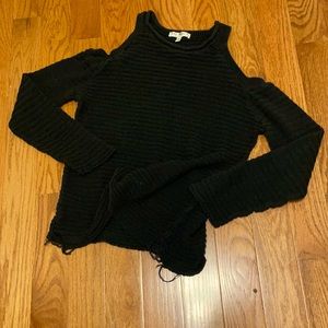 Raw edge cold shoulder sweater
